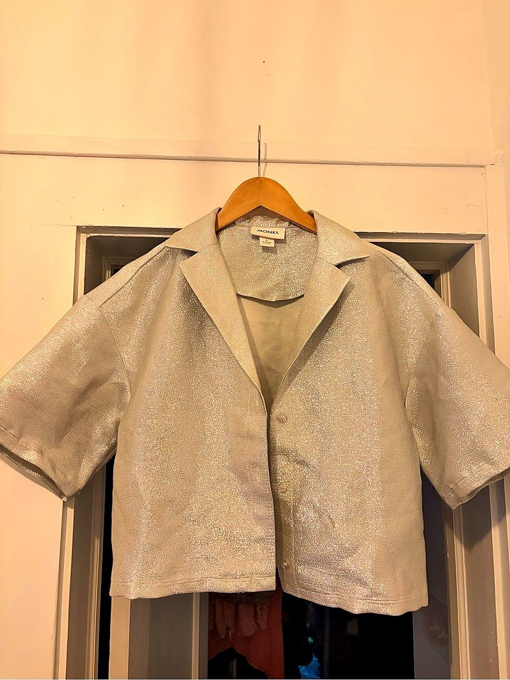 Monki Sparkle Short Sleeve button down in Silver Size Small